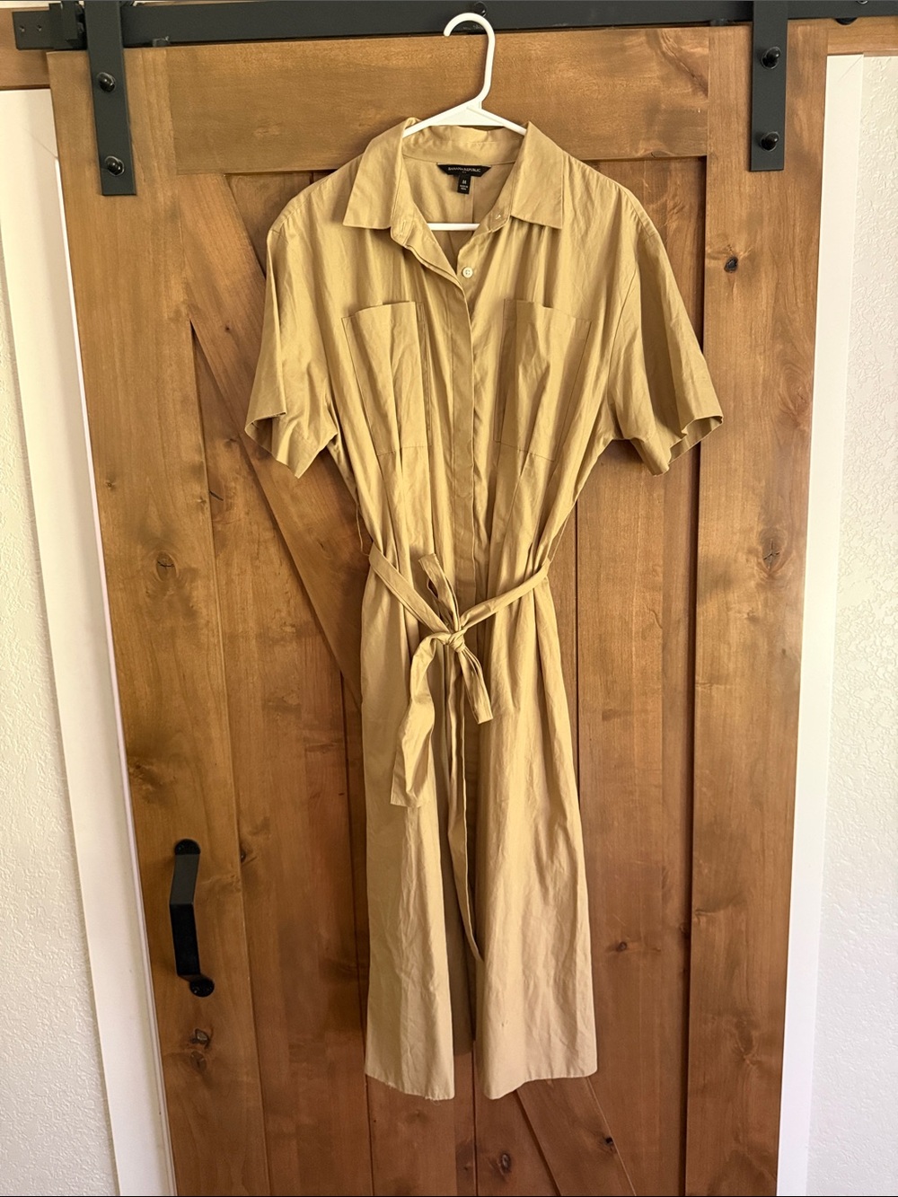 Banana Republic Short Sleeve Tie Waist Midi Dress Tan Medium
